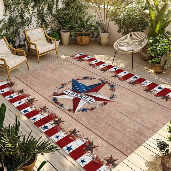 Independence Day Outdoor Rug for Patio/Deck/Porch, Non-Slip Large Area Rug 4 x 6 Ft, Texas Star American Country Wooden Indoor Outdoor Rugs Washable Area Rugs, Reversible Camping Rug Carpet Runner
