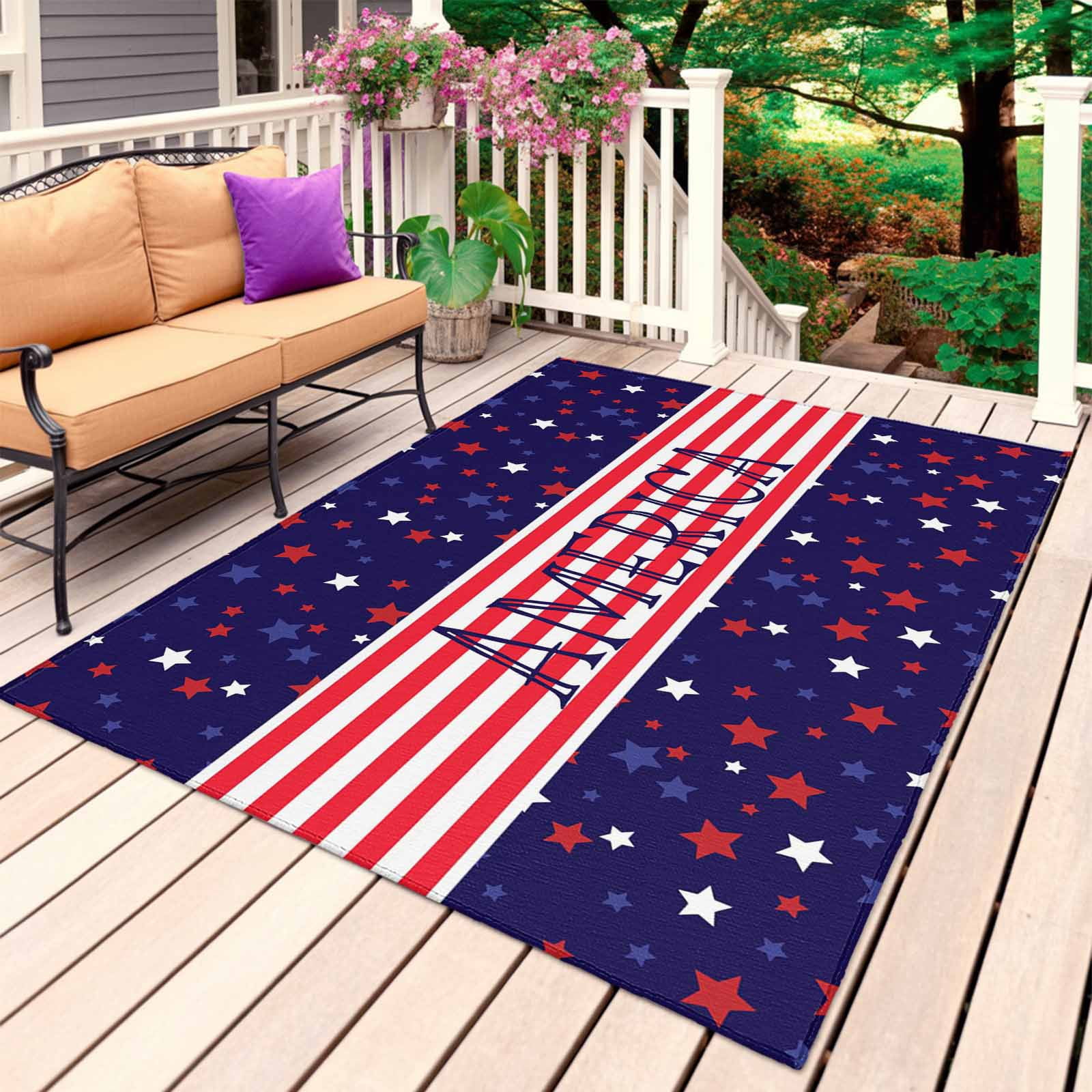 Independence Day Outdoor Rug for Patio/Deck/Porch, Non-Slip Large Area Rug 5 x 8 Ft, American Flag Red Blue Star Striped Indoor Outdoor Rugs Washable Area Rugs, Reversible Camping Rug Carpet Runner