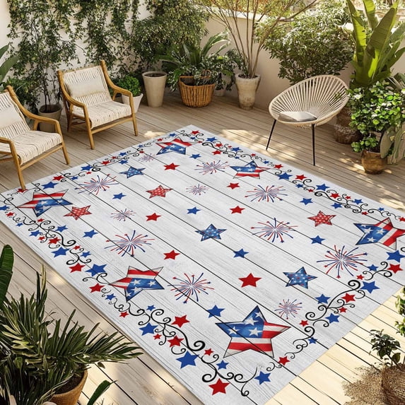 Independence Day Outdoor Rug for Patio/Deck/Porch, Non-Slip Large Area Rug 5 x 8 Ft, Red Blue Star Firework Wooden Grain Indoor Outdoor Rugs Washable Area Rugs, Reversible Camping Rug Carpet Runner