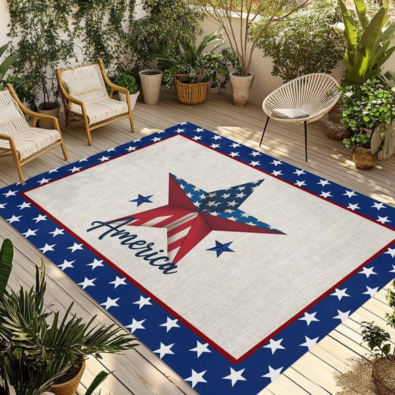 Independence Day Outdoor Rug for Patio/Deck/Porch, Non-Slip Large Area Rug 6 x 9 Ft, 4th of July Patriotic Star Usa Flag Indoor Outdoor Rugs Washable Area Rugs, Reversible Camping Rug Carpet Runner