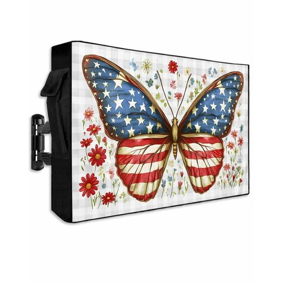 Independence Day Outdoor TV Cover 30 to 32 Inch Weatherproof, American Flag Butterfly Grey Plaid 600D Oxford TV Covers with Waterproof Zipper, Outside Flat TV Screen Protector Size 30"Wx19"Hx4.5"D