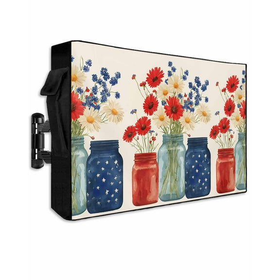 Independence Day Outdoor TV Cover 60 to 65 Inch Weatherproof, Red Blue Patriotic Poppy Flower Daisy 600D Oxford TV Covers with Waterproof Zipper, Outside Flat TV Screen Protector Size 58"Wx37"Hx4.5"D