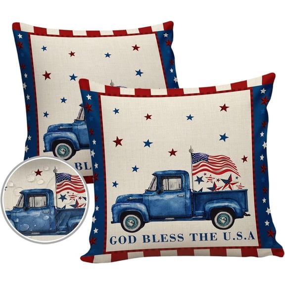 Independence Day Outdoor Throw Pillow Cover Farm Blue Truck American Flag Star Waterproof Cushion Covers 2 Pack Patriotic Red Plaid Pillow Cases Home Decoration for Patio Garden Couch Sofa 18x18In