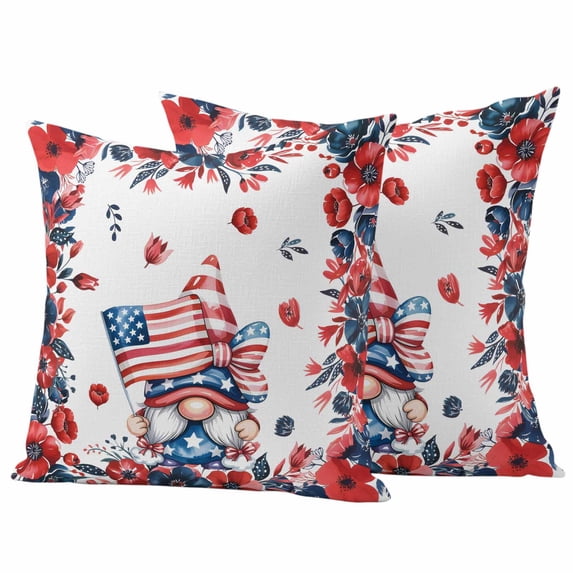 Independence Day Outdoor Waterproof Pillow Covers, Gnomes American Flag Red Blue Flowers Decorative Square Throw Pillowcase Sofa Cushion Sham for Patio/Couch/Chair, 20"x20" 2 Pack