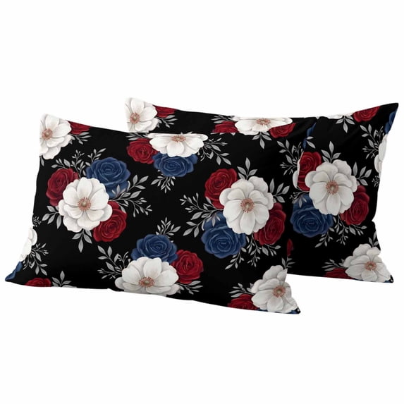 Independence Day Outdoor Waterproof Pillow Covers, Patriotic Floral Roses Blossom Leaves Black Decorative Rectangle Throw Pillowcase Sofa Cushion Sham for Patio/Couch/Chair, 20"x12" 2 Pack