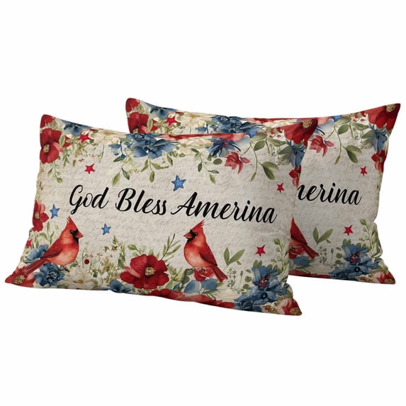 Independence Day Outdoor Waterproof Pillow Covers, Red Blue Floral Eucalyptus Birds Vintage Decorative Rectangle Throw Pillowcase Sofa Cushion Sham for Patio/Couch/Chair, 20"x12" 2 Pack