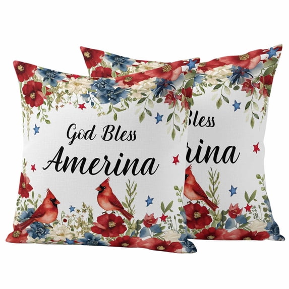 Independence Day Outdoor Waterproof Pillow Covers, Red Blue Floral Eucalyptus Birds Watercolor Decorative Square Throw Pillowcase Sofa Cushion Sham for Patio/Couch/Chair, 26"x26" 2 Pack