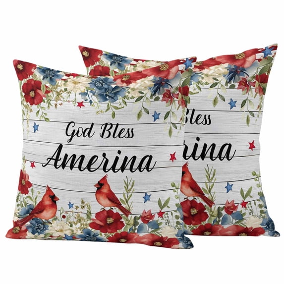 Independence Day Outdoor Waterproof Pillow Covers, Red Blue Floral Eucalyptus Birds Wooden Decorative Square Throw Pillowcase Sofa Cushion Sham for Patio/Couch/Chair, 26"x26" 2 Pack