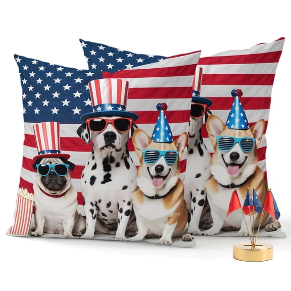 Independence Day Outdoor Waterproof Pillow Covers Set of 2, U.S. Flag Themed Cute Funny Dog Popcorn Pillowcase Decorative Throw Cushion Cases for Patio Garden Couch 26 x 26 Inches