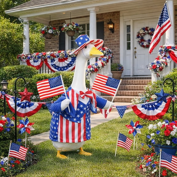 Independence Day Outfit for Great White Porch Goose, Patriotic Clothing Set with Uncle Sam Hat for 23 Inch Statue Outdoor Garden Farmhouse Decoration 4th July