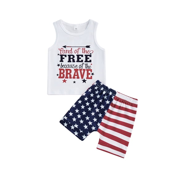 Independence Day Outfits Baby Boys Letter Print Sleeveless Vest + Star Stripes Print Shorts Summer Clothes Set