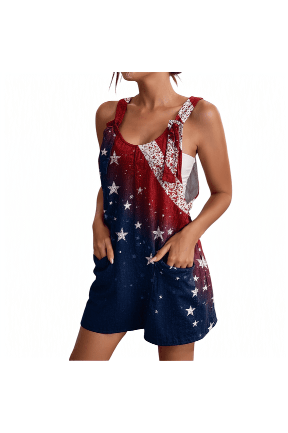Independence Day Overalls Women 1776-2026 Regular Pant Leg Length Crew Neck Jumpsuits Patriotic American Flag Vintage Summer RompersL