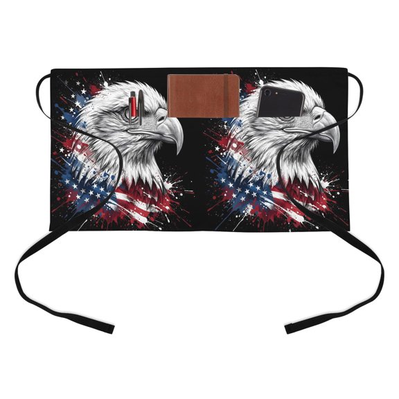 Independence Day Owl Kitchen Restaurant Half Waist Apron, 4th of July Red Blue Star Stripe USA Flag Server Short Apron with 3 Pockets Waterproof Oil Waist Aprons for Women Waitress Waiter