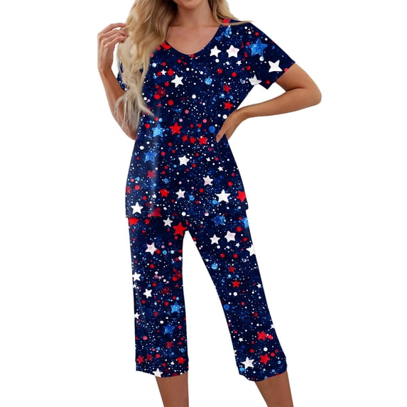 Independence Day Pajama Sets for Women 2 Pieces Pajamas Patriotic Flag Star Print Short Sleeve Tops and Capri Sets 4th of July PJs Sleepwears