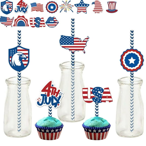 Independence Day Paper Straws, 24 Count, Patriotic Theme Star Stripe Disposable Straws Drinking New Straws for Juices Shakes Cocktail 4th of July Decoration Patriotic Party Event Supplies
