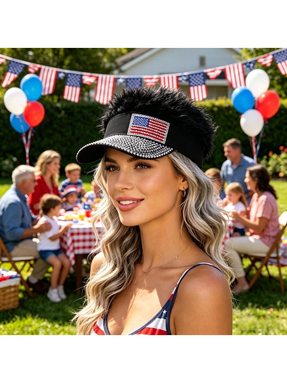Independence Day Party Baseball Cap, 4th of July Decorations, Sparkling Rhinestone Headwear for Parade, Breathable Wig Sun Hat for Outdoor Gathering