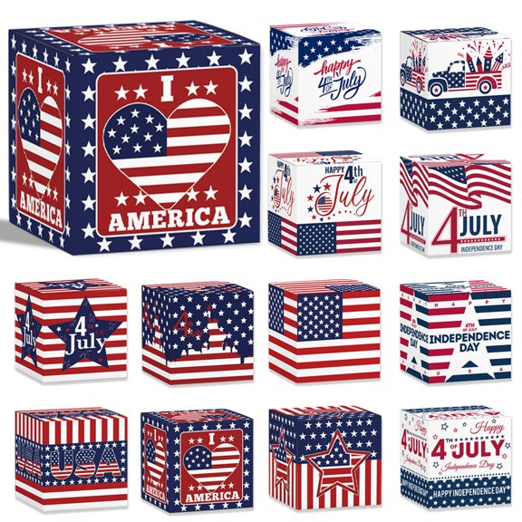 Independence Day Party Decoration Candy Boxes, 6-Piece Set, American Themed Fourth Of July Party Supplies With Unique Patriotic Motifs (Stars, Stripes, Patriotic Text), Ideal For