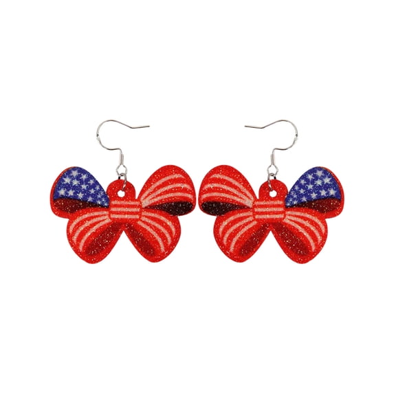 Independence Day Party Earrings Patriotic Holiday Jewelry Set 2 Pairs of Glitter PU Leather Earrings with Star Flag Eagle Bow Popsicle Butterfly Designs Memorial Day 4th of July Women