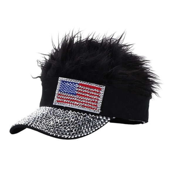 Independence Day Party Hat with Rhinestone American Flag, Realistic Baseball Cap Wig, Fun Sunshade Cap for 4th of July Celebration, Lightweight and Breathable