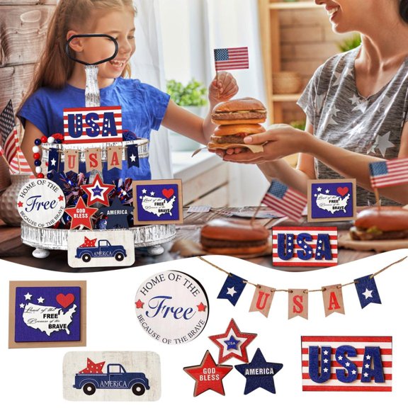 Independence Day Party Home Decoration, Patriotic Tray Decor Set (8 Pieces), Flat Style Tray Ornament For 4Th Of July Celebrations, Indoor Outdoor Party Decorations, Home Tabletop