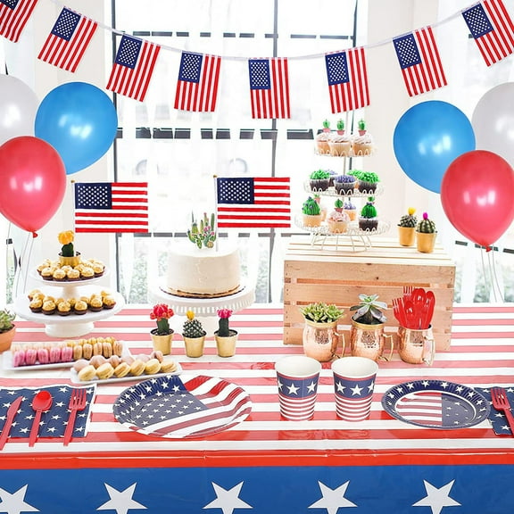 Independence Day Party Tableware Set, 7-inch and 9-inch Plates, Paper Cups, Napkins, Knife, Fork, and Spoon, Disposable USA Flag-Themed Party Decorations for 24 Guests