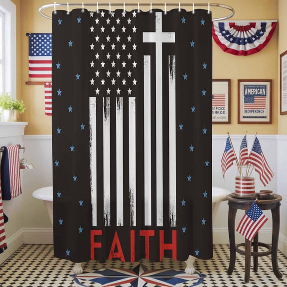 Independence Day Patriot American Flag Pentagram FAITH Freedom Shower Curtain, 36" x 72", Waterproof Bathroom Curtain Washable Shower Curtain Set with 12 Hooks
