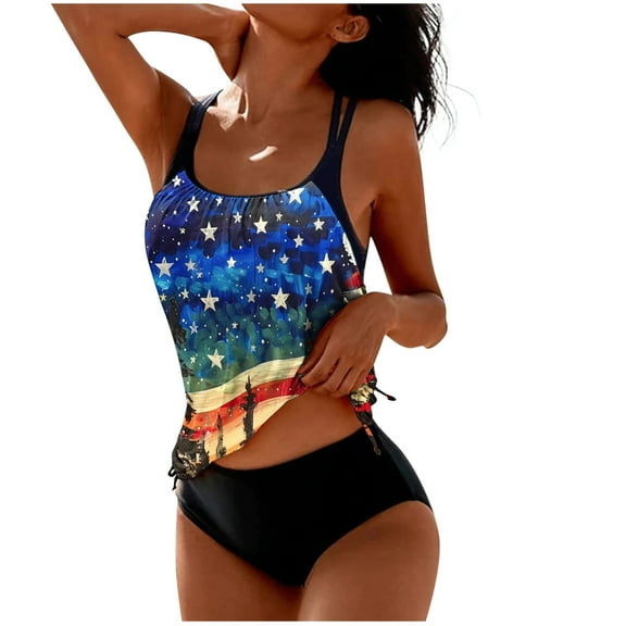 Independence Day Patriotic Bikini Set for Womens Two Piece Halter String Triangle Bikini Sets Tummy Control High Waisted Swim Suits Self Tie Spaghetti Straps Swimwear 4Th Of July Swimdress