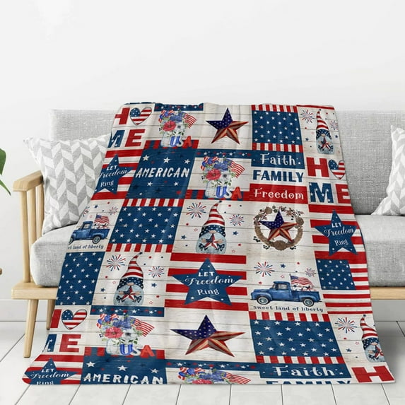 Independence Day Patriotic Blanket,4th of July Star Flag Throw Blanket,Lightweight Soft Flannel Bed Blanket for All Season,Warm Gnome Truck Throw Blankets for Couch Bed Sofa