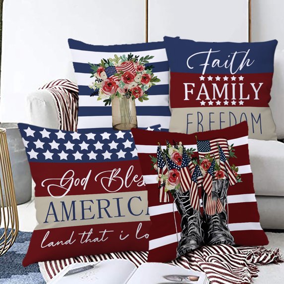 Independence Day Patriotic Decorations Pillowcases, 4PC Pillow Set Independence Day Flag Four Piece Set Peach Skin Velvet Print Living Room Sofa Pillowcase Bedroom Cushion