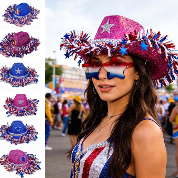 Independence Day Patriotic Denim Hat, with Red White Blue Ribbons & Five Pointed Star Design, Perfect for 4th of July Outdoor Parties Parades Celebrations Holiday Costume Headwear, Hot Pink