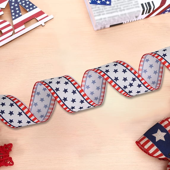 Independence Day Patriotic Faux Linen Ribbon, Red White Blue Star Striped Decorative Ribbon for USA Holiday Party Wrapping Crafts, 157.4x2.3 Inch