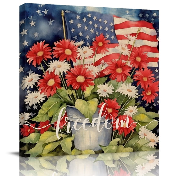 Independence Day Patriotic Flag Canvas Artwork Painting Art, Blossom Flower Green Leaves Square Framed Wall Decorations Prints Picture for Bedroom Kitchen Living Room, 8x8 in