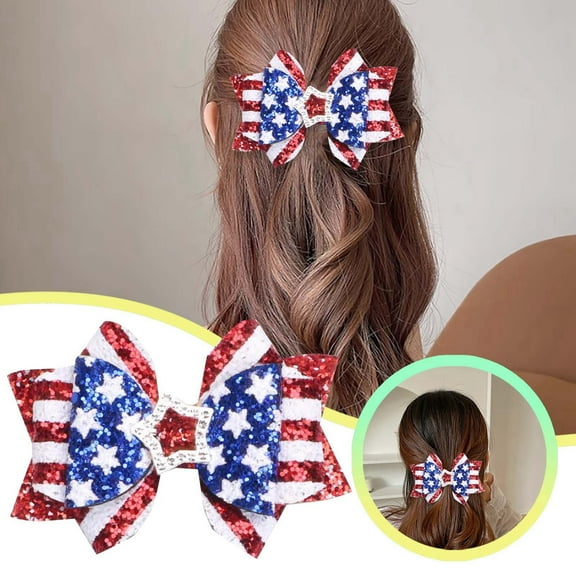 Independence Day Patriotic Hair Bow Clip Set Handmade Star Flag Party Accessory for Women Girls National Celebration