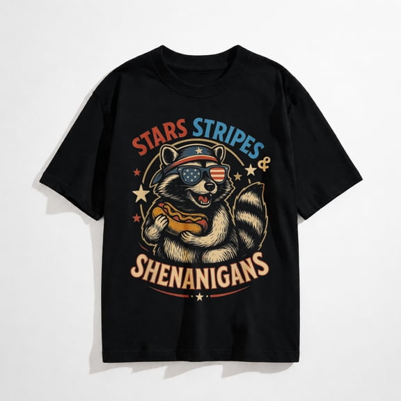 Independence Day Patriotic Humor DesignsStars Stripes and Shenanigans Funny Raccoon 4th of July T-Shirt