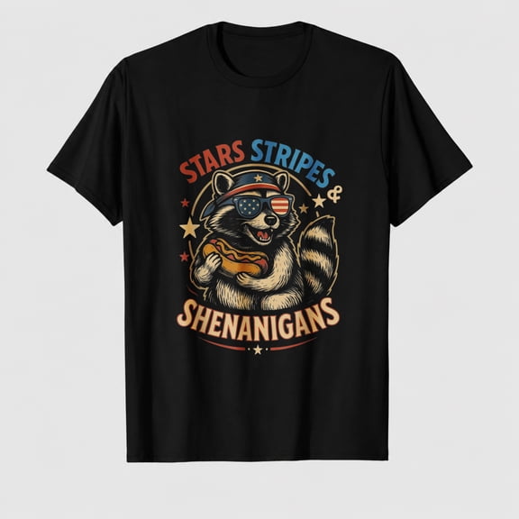Independence Day Patriotic Humor DesignsStars Stripes and Shenanigans Funny Raccoon 4th of July T-Shirt
