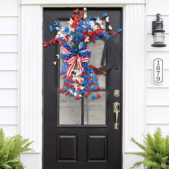 Independence Day Patriotic Initial Wreath, Red White Blue Floral Grapevine Wreath with Monogram Letter and Star/Striped Bow, 4th of July Memorial Day Veterans Day Front Door Wall Decor for Home