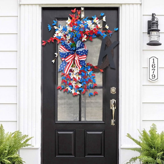 Independence Day Patriotic Initial Wreath, Red White Blue Floral Grapevine Wreath with Monogram Letter and Star/Striped Bow, 4th of July Memorial Day Veterans Day Front Door Wall Decor for Home
