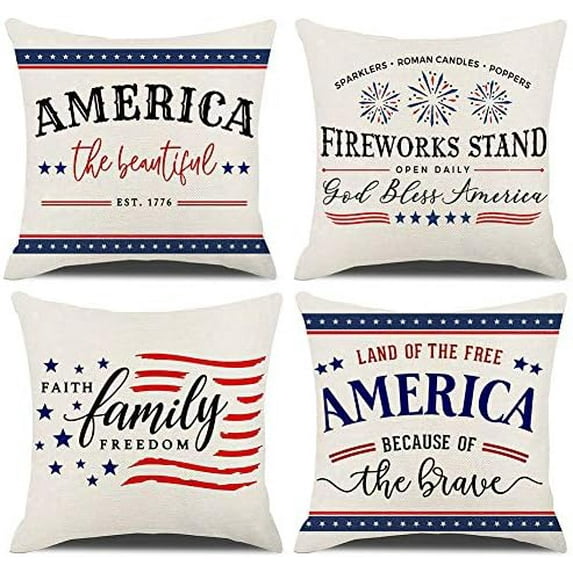 Independence Day Patriotic Quotes Pillow Covers 18 x 18 Inch Set of 4 Home Decor God Bless America 4th of July Decorative Throw Pillow Case Cushion Cover for Sofa Couch (Patriotic Quotes)