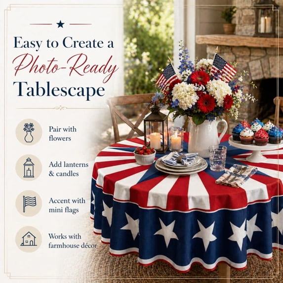 Independence Day Patriotic Round Tablecloth,152cm/180cm,Star Stripe Print,Polyester Waterproof Fade-Resistant Washable Reusable,4th of July Home Party BBQ Picnic Decor