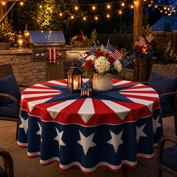 Independence Day Patriotic Round Tablecloth,152cm/180cm,Star Stripe Print,Polyester Waterproof Fade-Resistant Washable Reusable,4th of July Home Party BBQ Picnic Decor