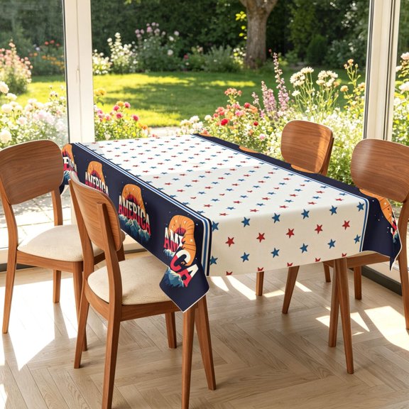 Independence Day Patriotic Star Dot Rectangular Tablecloth, Navy White Holiday Themed Table Cover, Special Father's Day Gift for Outdoor Picnic Kitchen Dining Parties