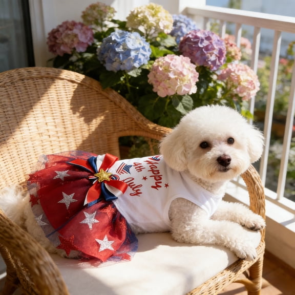 Independence Day Patriotic Star Print Dress for Small Creatures, Lightweight Polyester Mesh Skirt Pet Party Outfit, Festive Holiday Apparel