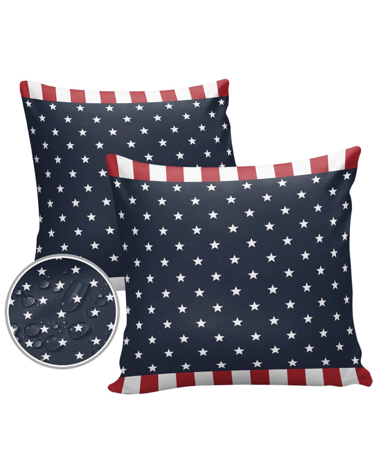Independence Day Patriotic Stars on Blue Outdoor Pillow Covers Set of 2, Decorative Waterproof Throw Pillow Case, Red White Stripes Border Cotton Linen Soft Cozy Cushion Pillowcases