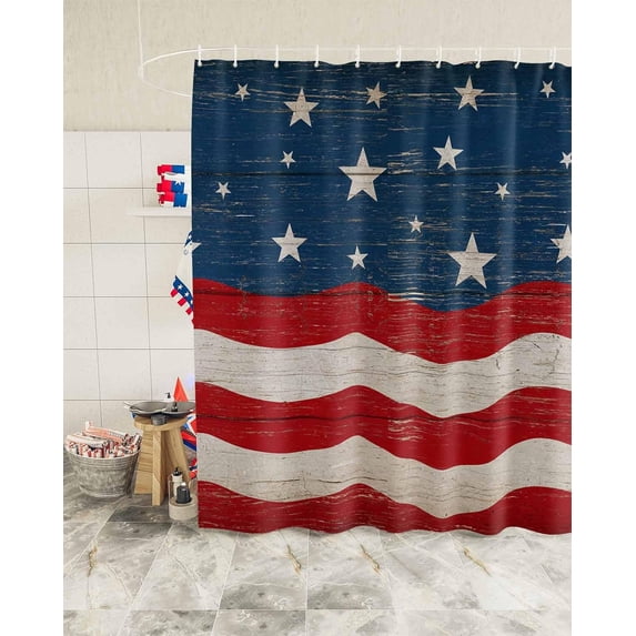 Independence Day Patriotic Stars Shower Curtain, Vintage American Flag Shower Curtain Set with Hooks, Summer Waterproof Fabric Shower Curtains for Bathroom Decor, 72x72 Inch Bath Curtain