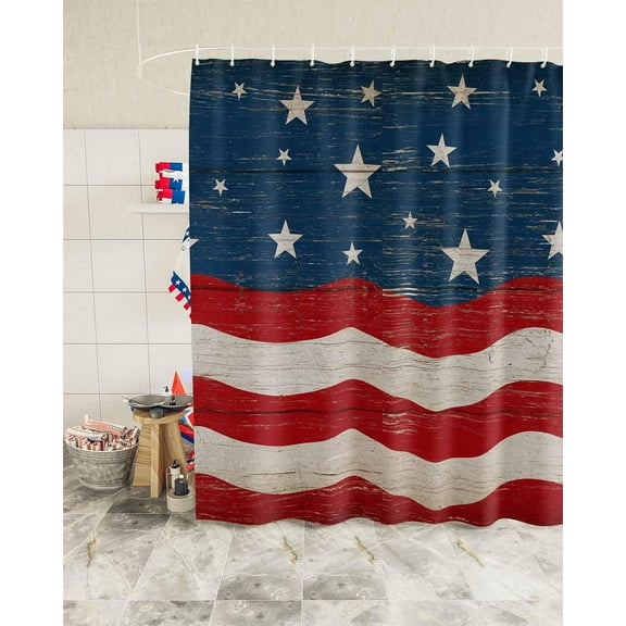 Independence Day Patriotic Stars Shower Curtain, Vintage American Flag Shower Curtain Set with Hooks, Summer Waterproof Fabric Shower Curtains for Bathroom Decor, 72x72 Inch Bath Curtain
