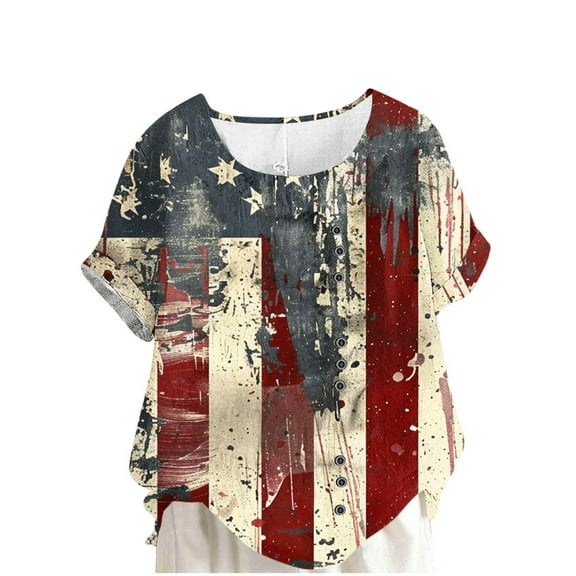 Independence Day Patriotic T-Shirts for Womens Summer Usa Flag Star Printded Dressy Shirts Round Neck Tees Short Sleeve Tops Dressy Causal Tunic Blouses Beach Vacation Outfits