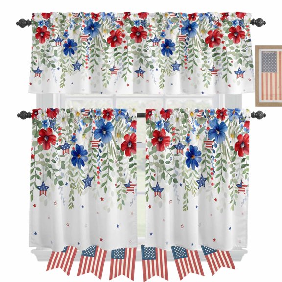 Independence Day Patriotic USA Flag Kitchen Curtains Valances 3 Piece Set, Red Blue Flowers Rod Pocket Tier Curtain and Valance Drapes for Small Window 24 Inch Length for Bedroom Cafe