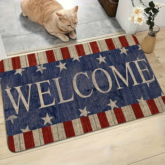 Independence Day Patriotic Welcome Doormat Retro Flag Design, Non-Slip Rubber Backed Floor Mat for Indoor and Outdoor Front Door, Red White Blue Holiday Rug for Porch, Patio, and Party Decor