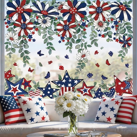 Independence Day Patriotic Window Clings, 8 Sheets Reusable Window Stickers with Hanging Vine Floral Design, Static Decals for Glass Door Mirror 4th of July Decor,8PCS