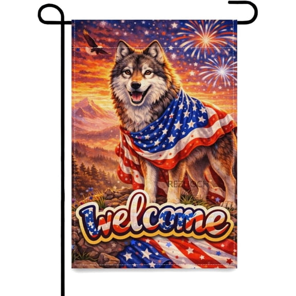 Independence Day Patriotic Wolf Welcome Garden Flag 12x18Inch,Cute Animal Outdoor Yard Flags,Red White Blue American Style Funny Outside Farmhouse Porch Lawn Decor